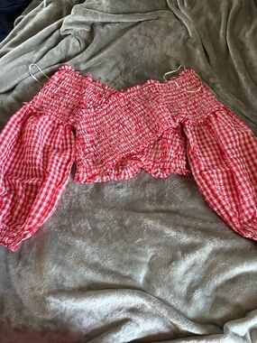 Girls Red Gingham Smocked Off-Shoulder Top